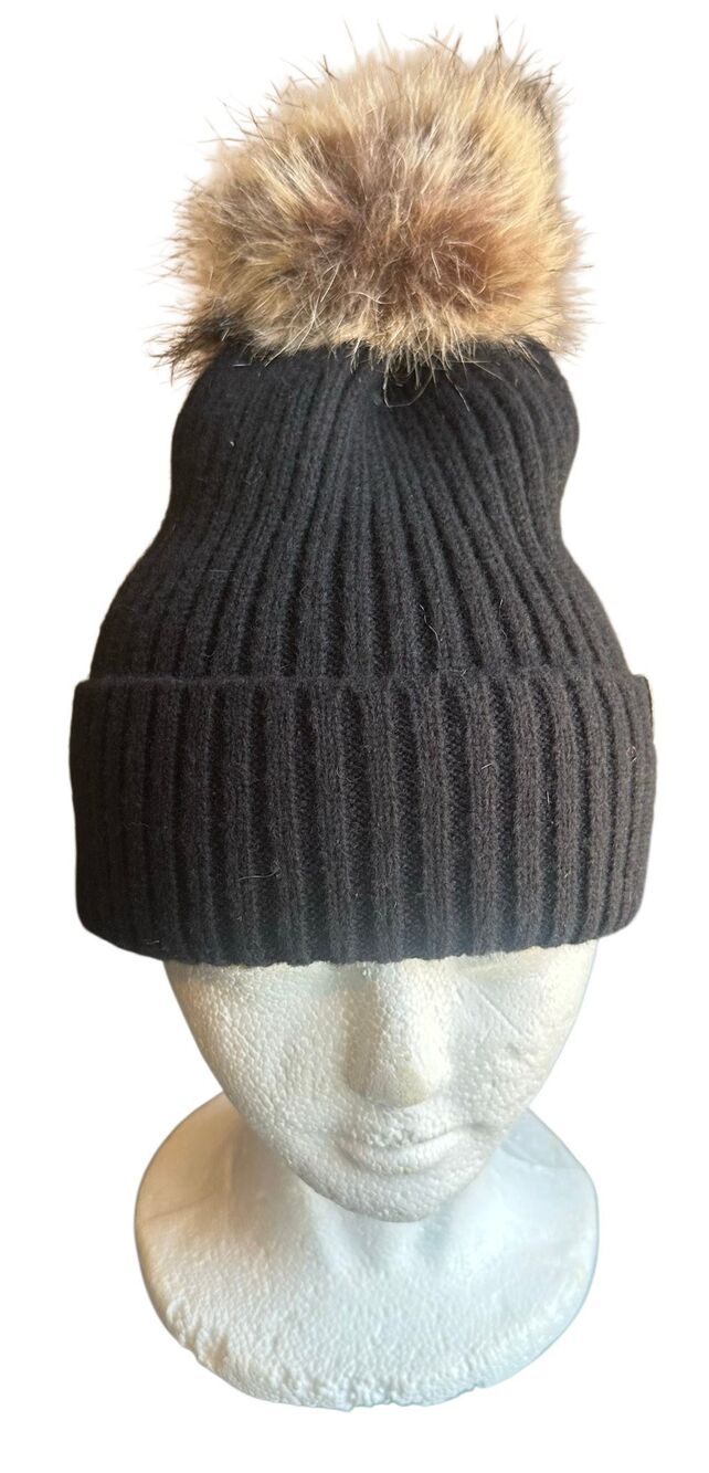 lucky brand black Knit beanie hat Fur Pom Pom - Picture 3 of 14